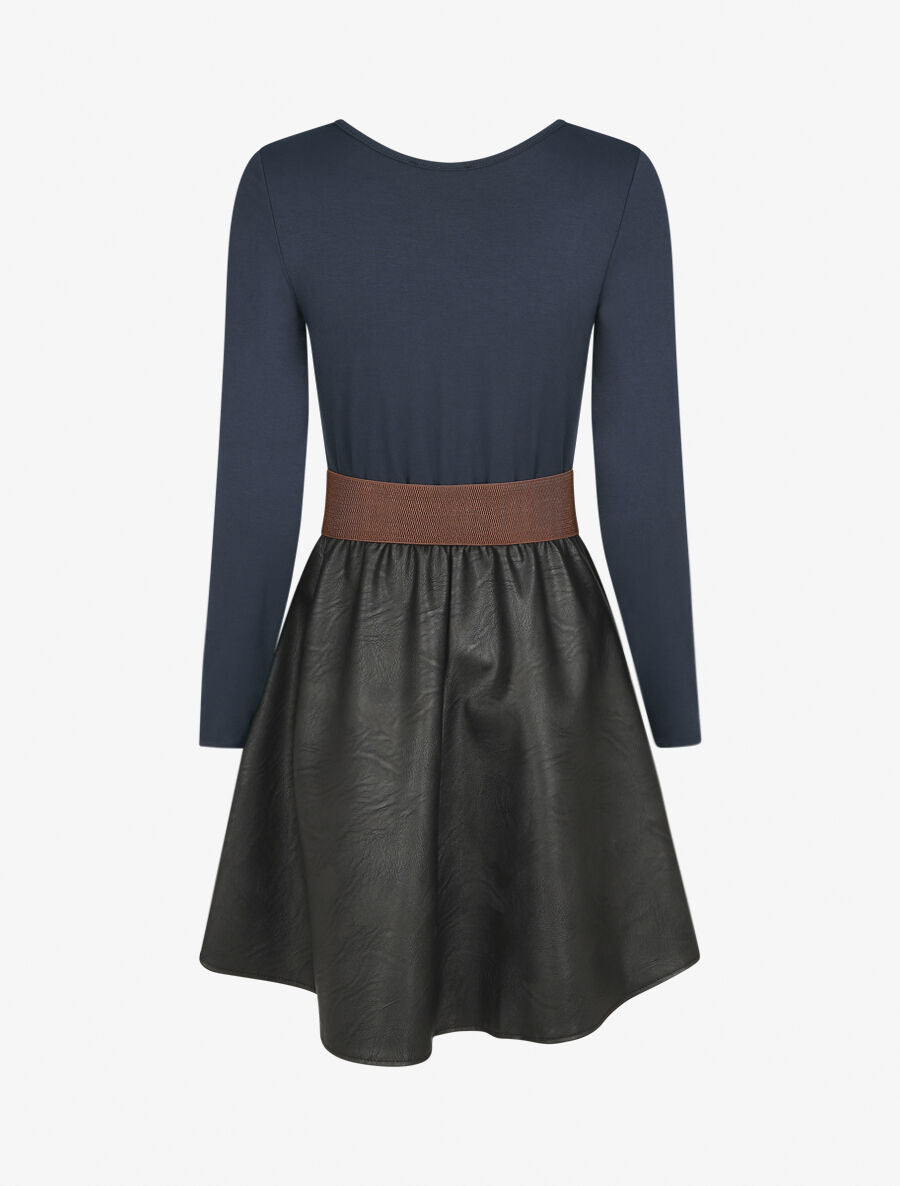 Robe bi-matière courte évasée simili - Marine - 2