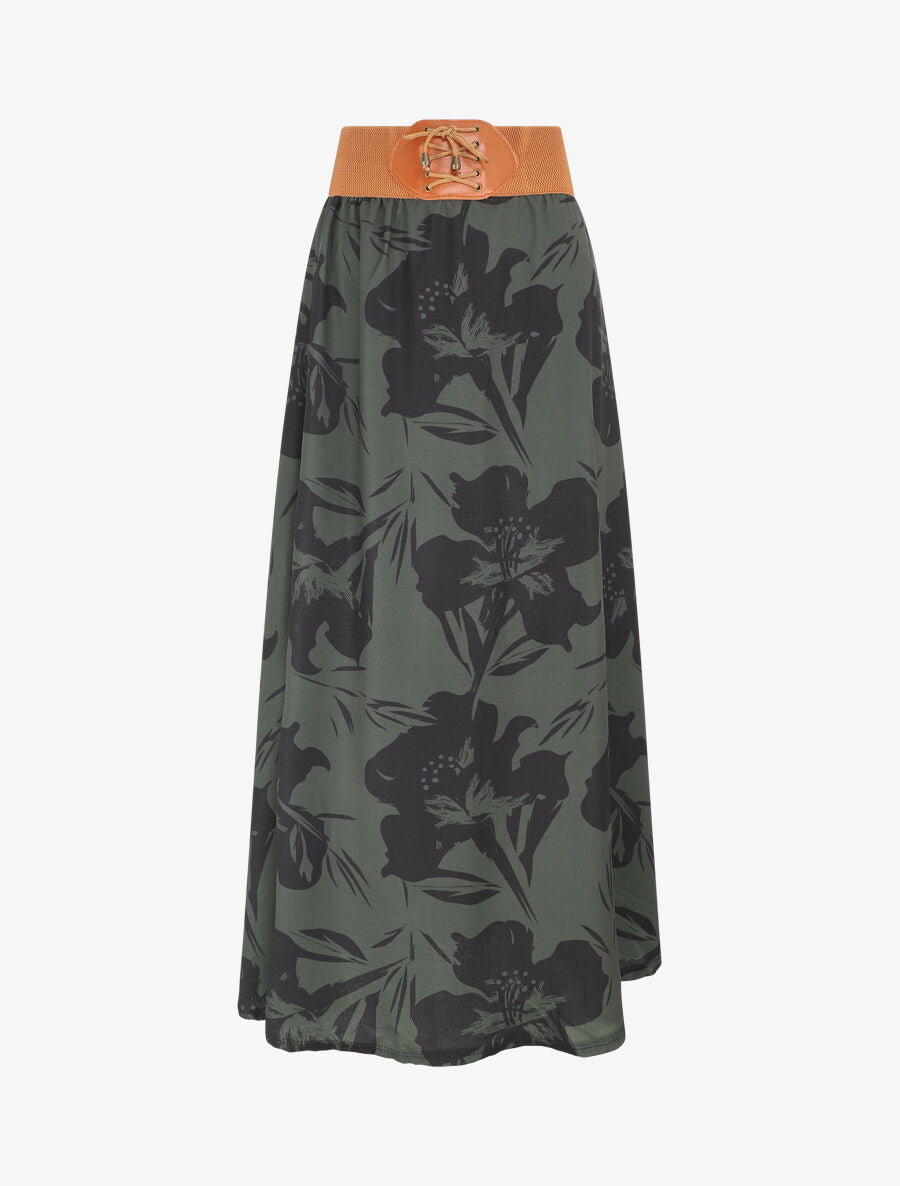 Jupe longue à taille haute imprimé floral - Kaki - 1