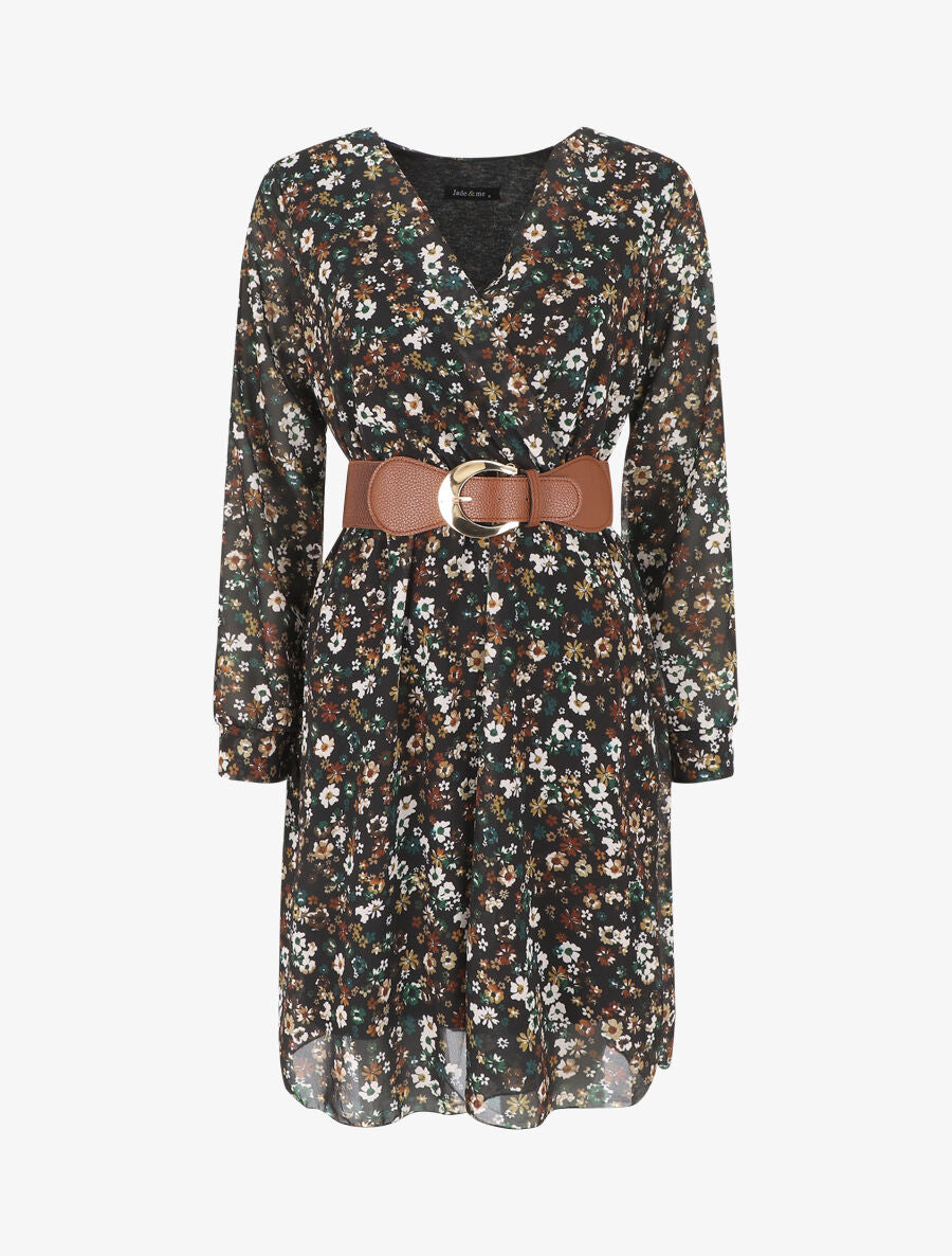 Robe élastiquée à imprimé fleuri - Noir - 1