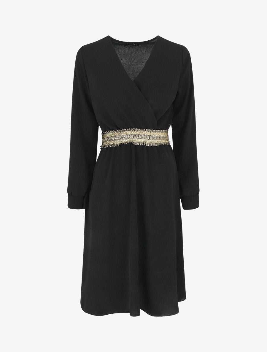Robe unie à bande élastiquée dorée - Noir - 1