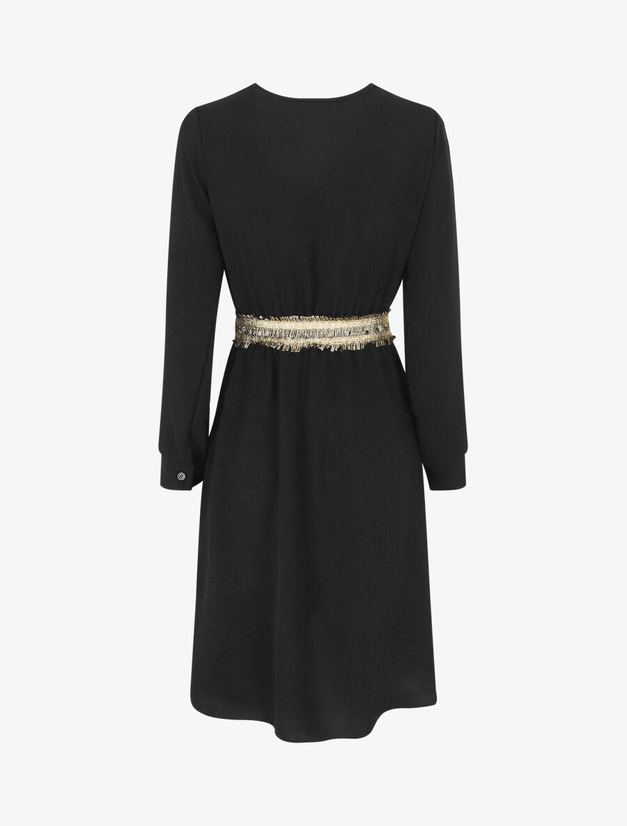 Robe unie à bande élastiquée dorée - Noir - 2