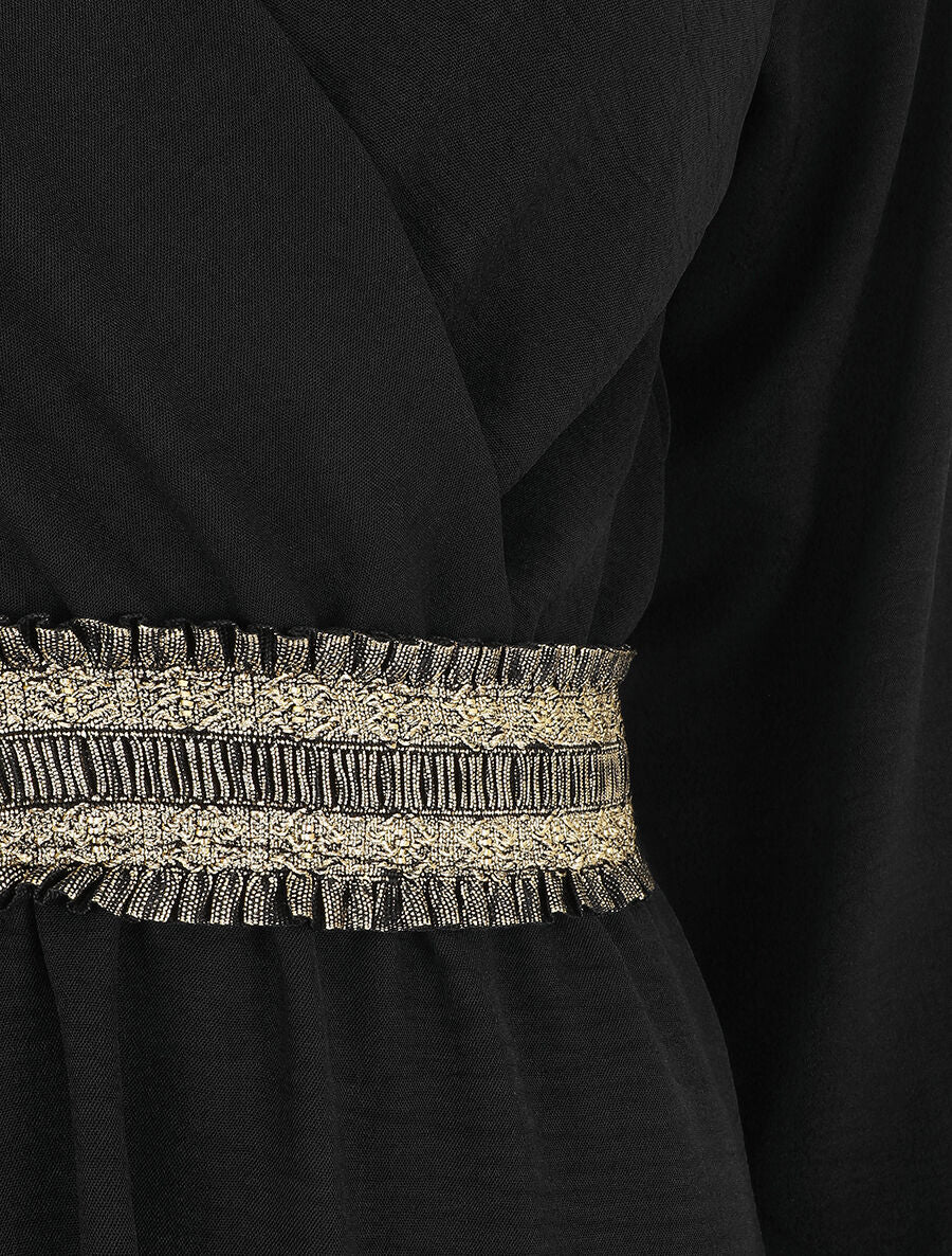 Robe unie à bande élastiquée dorée - Noir - 3