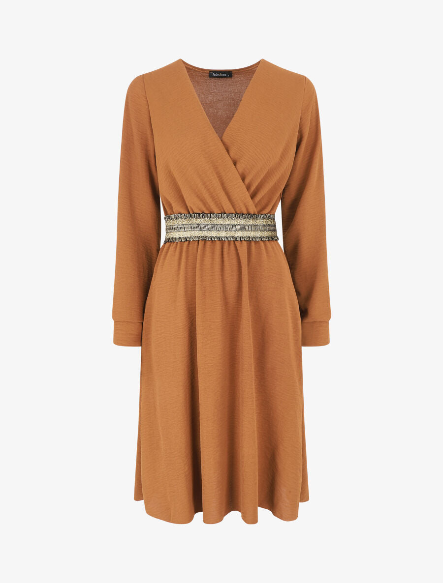 Robe unie à bande élastiquée dorée - Camel - 1