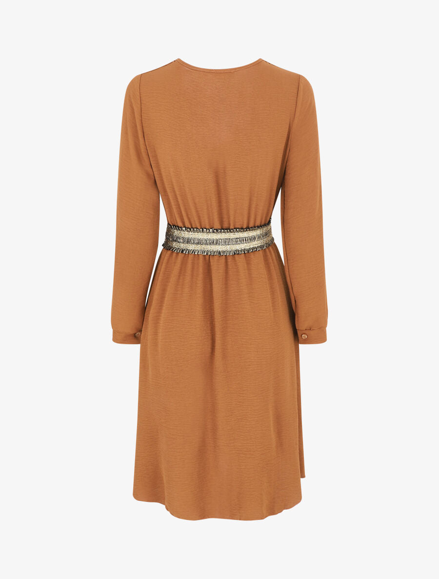 Robe unie à bande élastiquée dorée - Camel - 2