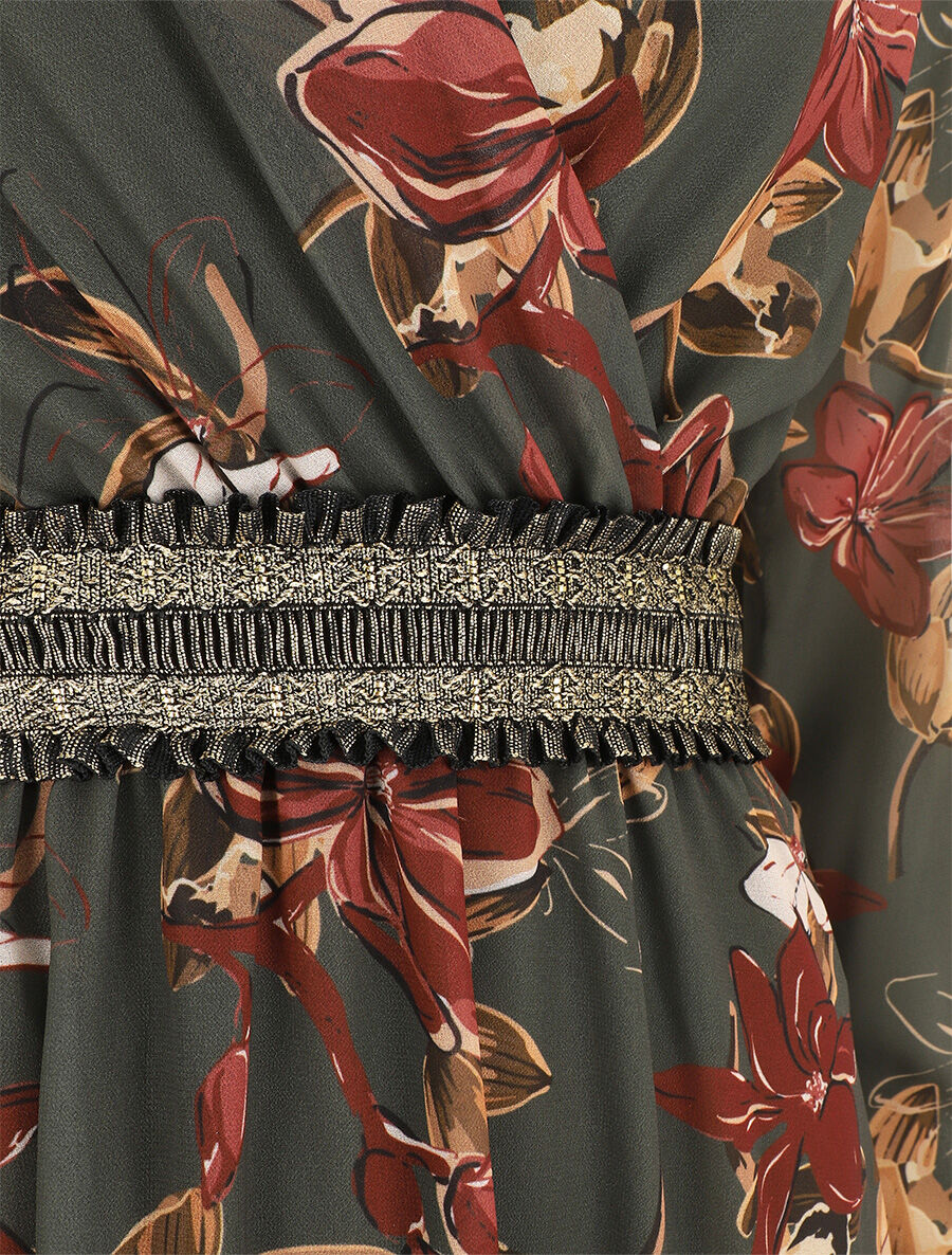 Robe courte évasée motif fleuri - Kaki - 3