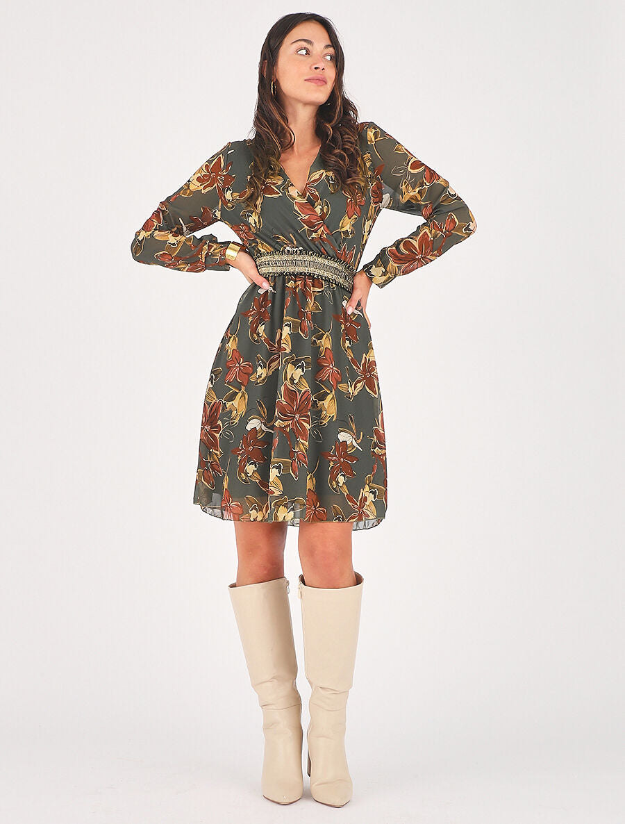 Robe courte évasée motif fleuri - Kaki - 4
