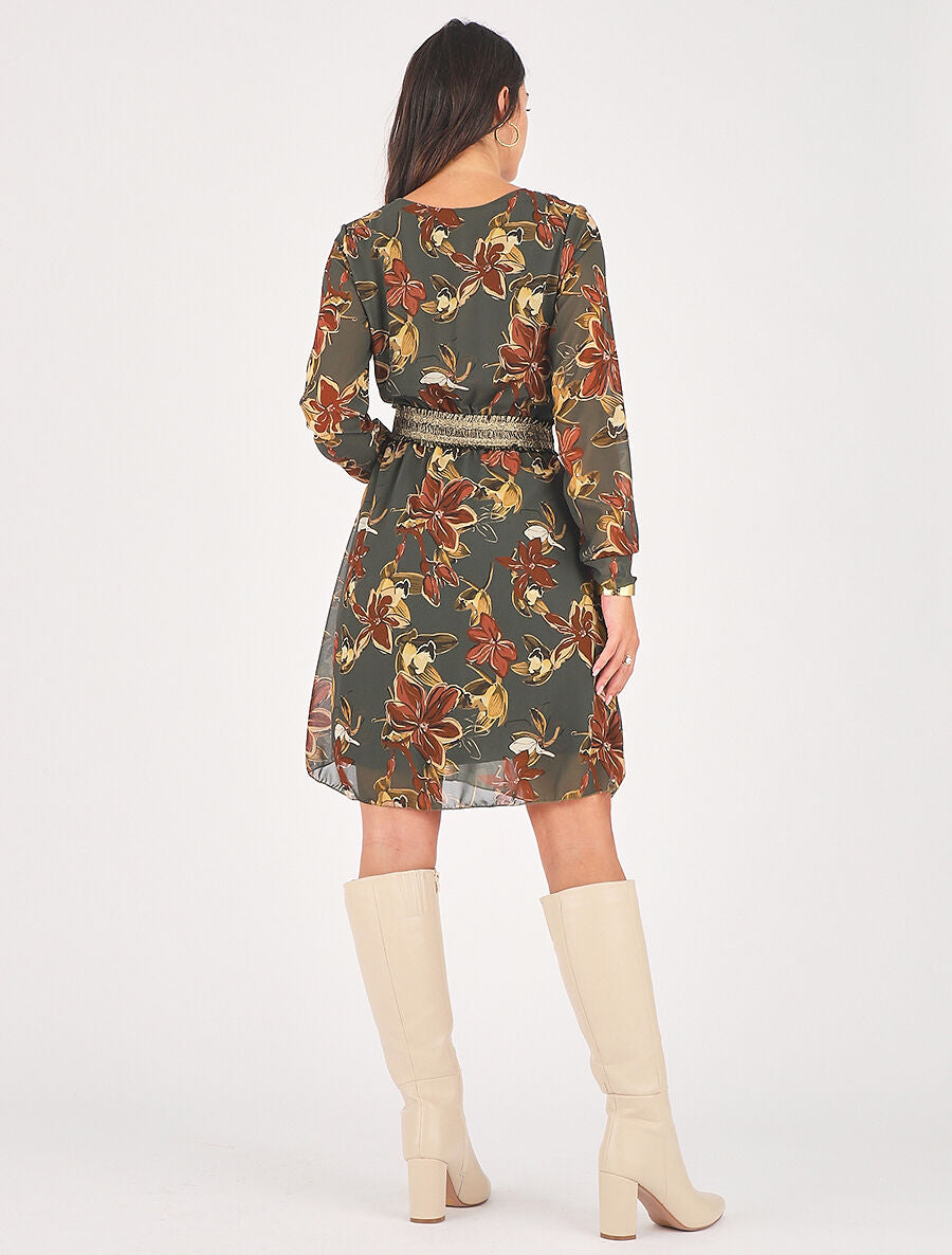 Robe courte évasée motif fleuri - Kaki - 5