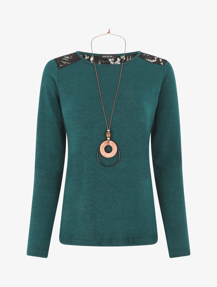 Pull droit uni épaules en dentelle - Vert sapin - 1