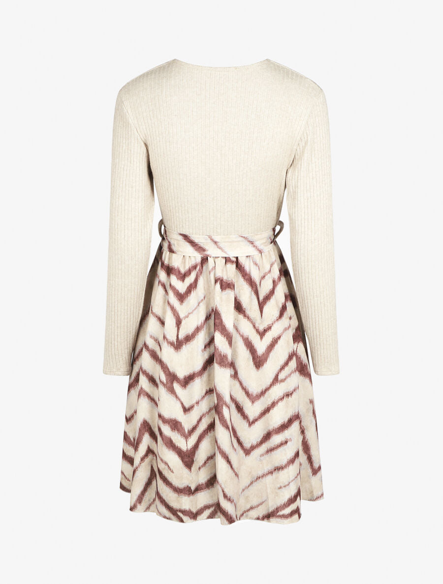 Robe fluide bi-matière imprimé graphique - Beige - 2