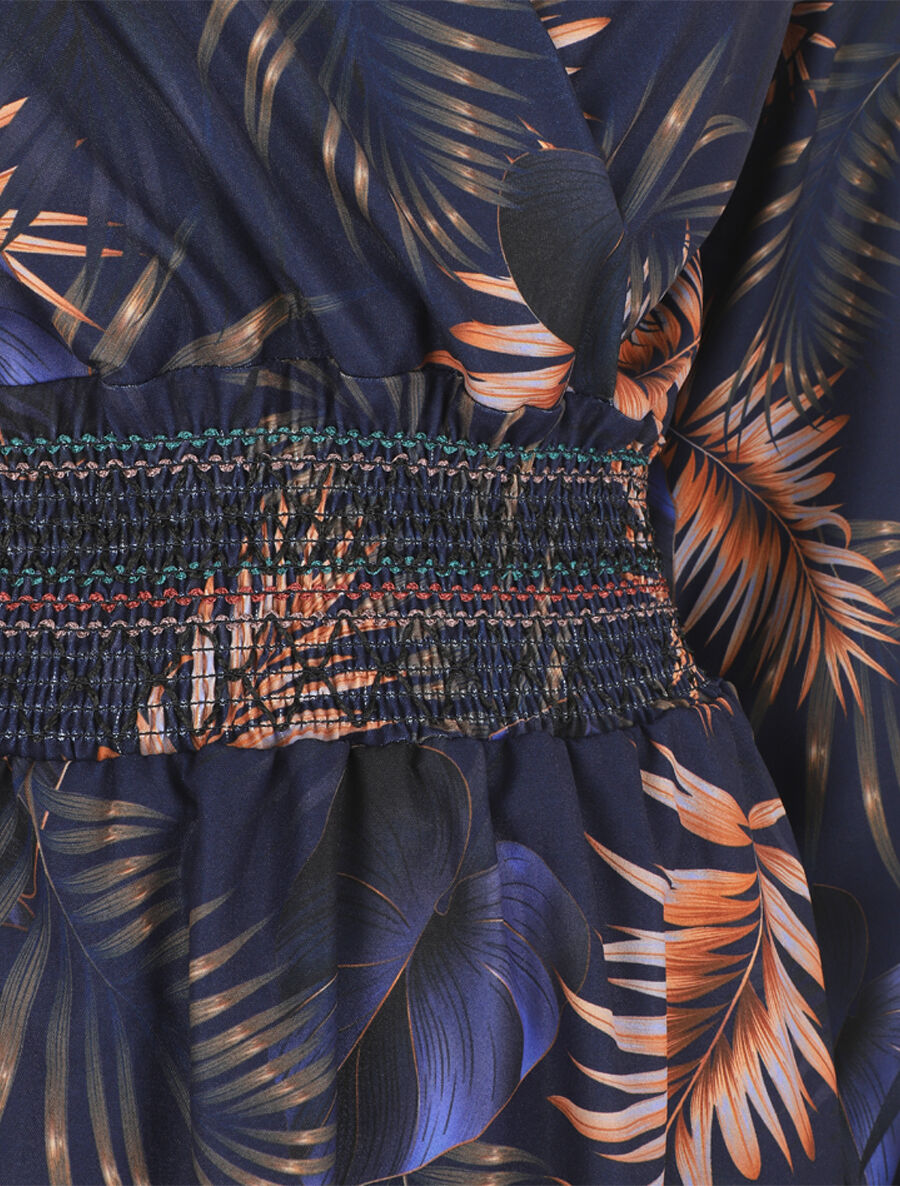 Robe imprimée tropical à taille élastiquée - Marine - 3