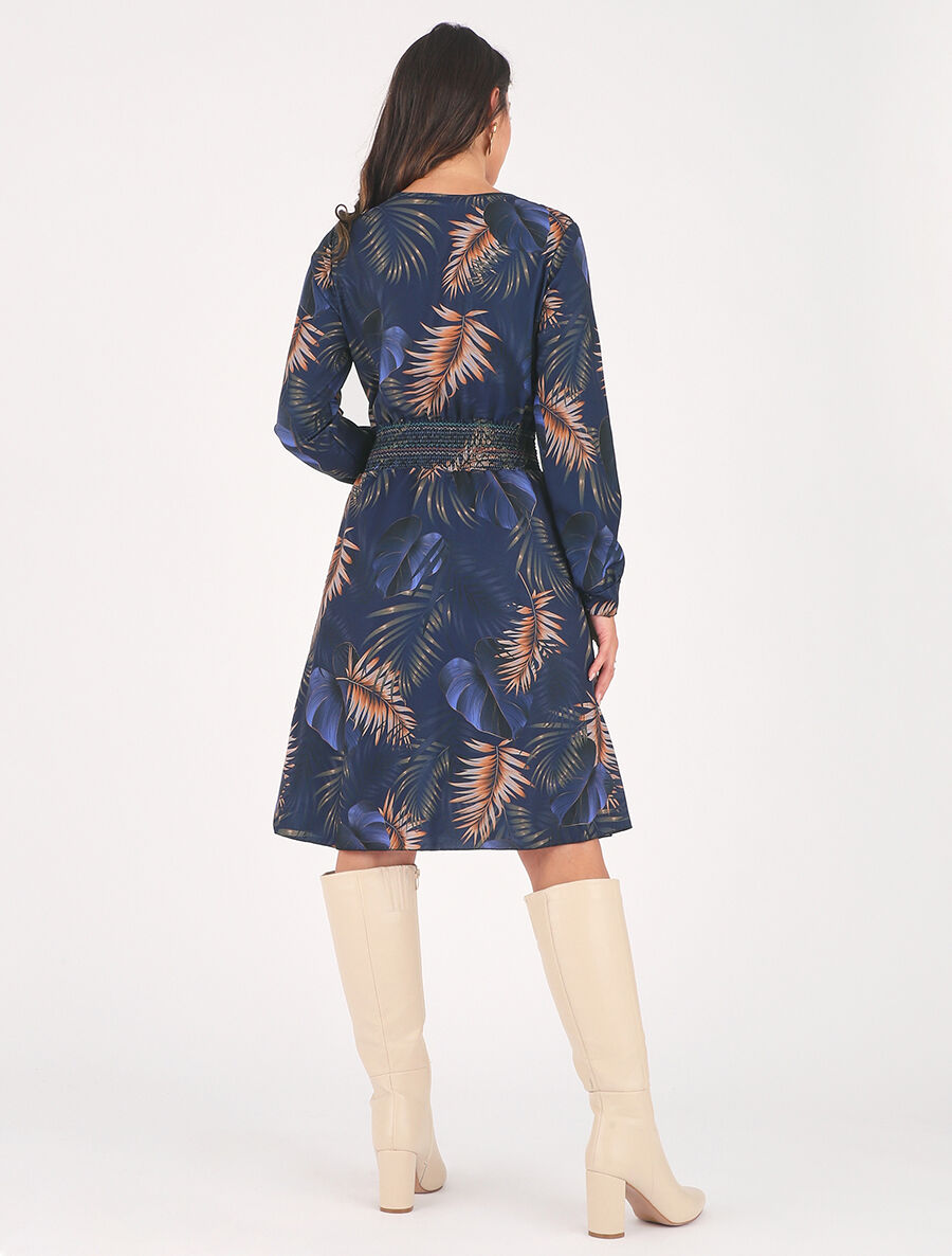 Robe imprimée tropical à taille élastiquée - Marine - 5