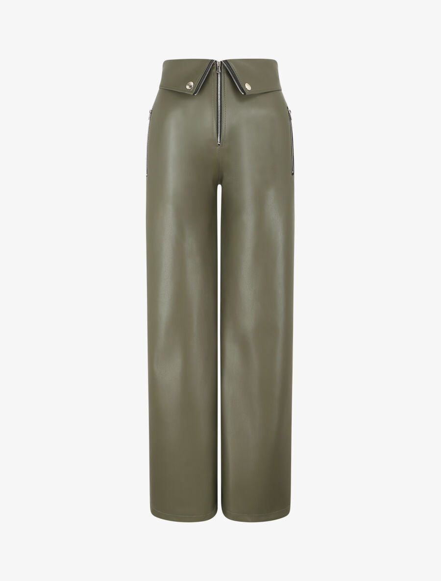 Pantalon ample en simili à revers - Kaki - 1