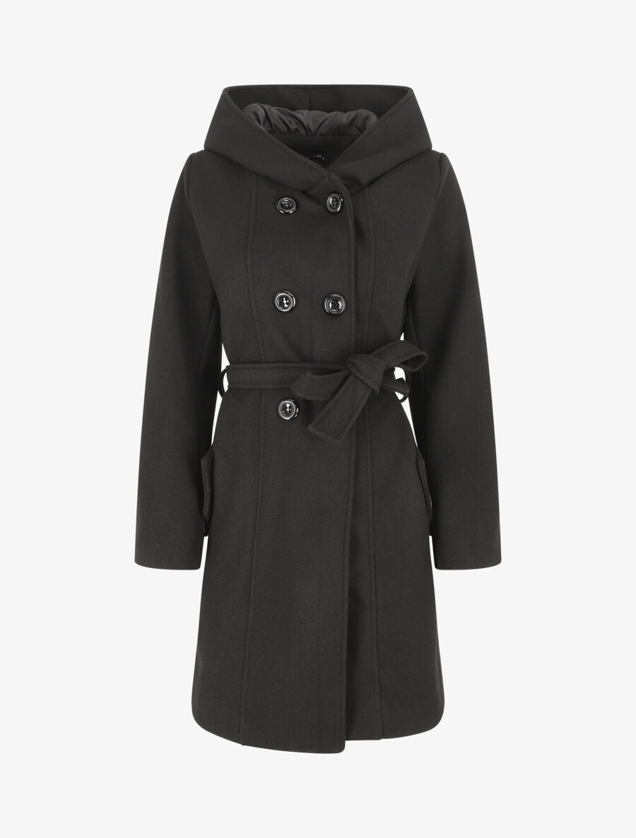Manteau long croisé à capuche - Noir - 1