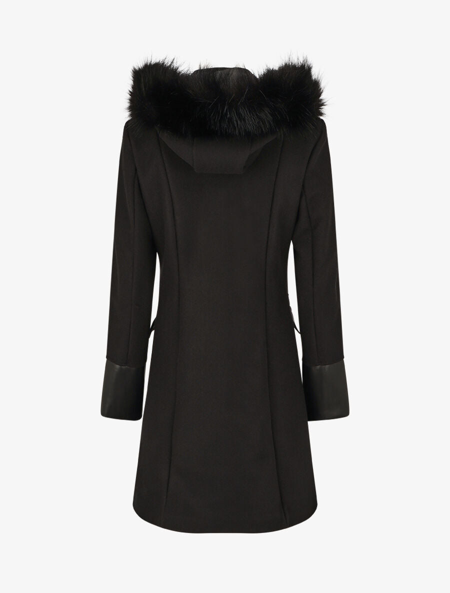 Manteau bi-matière à capuche en fausse fourrure - Noir - 2