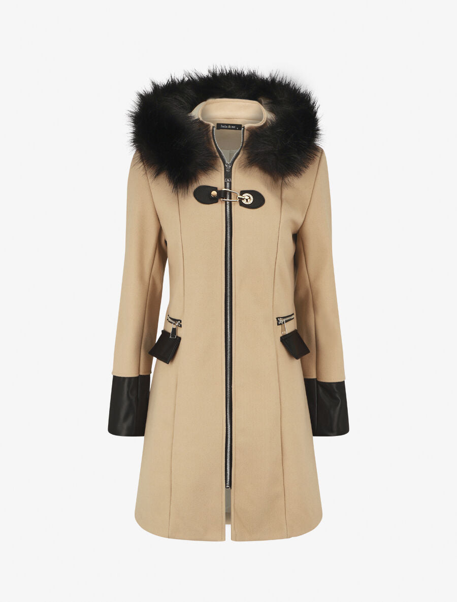 Manteau bi-matière à capuche en fausse fourrure - Beige - 1