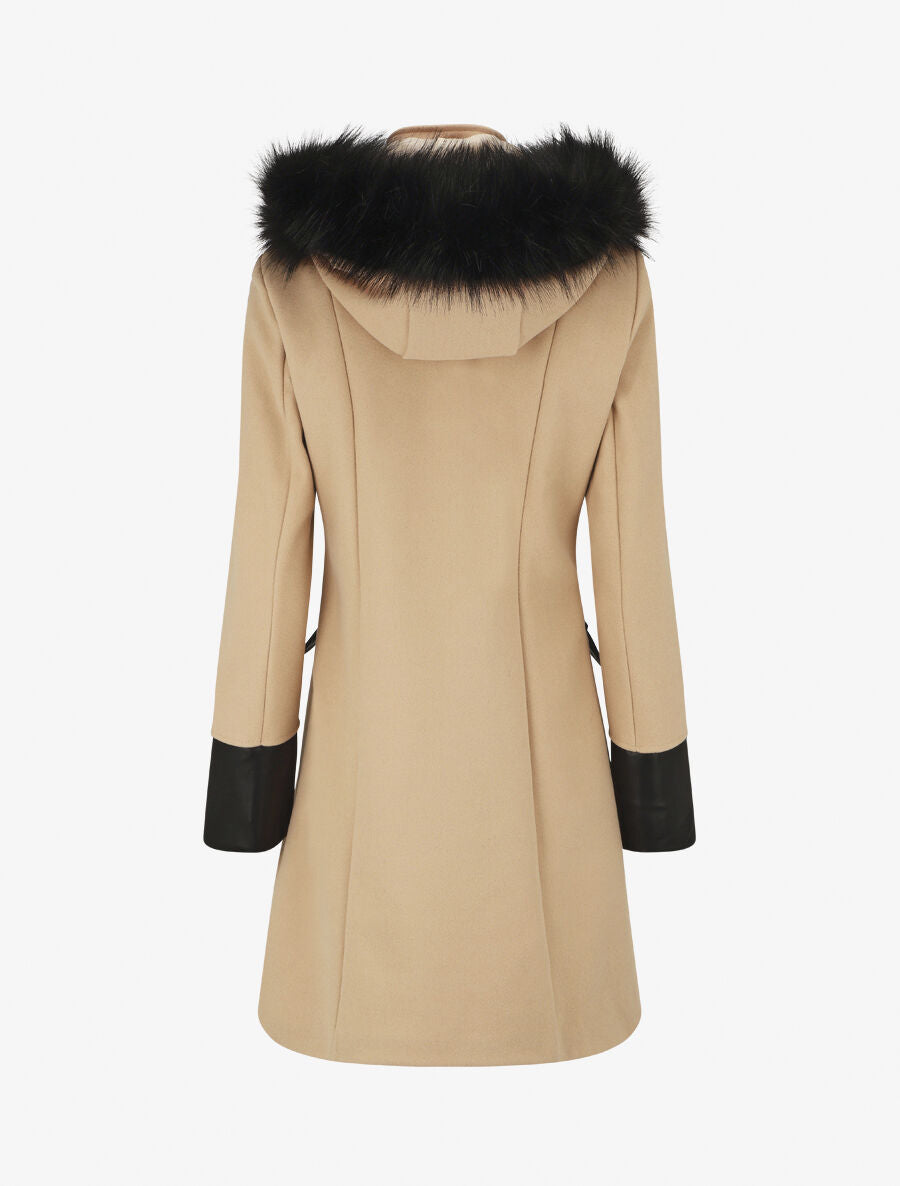 Manteau bi-matière à capuche en fausse fourrure - Beige - 2