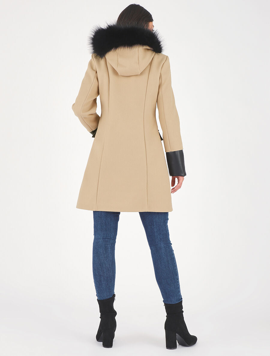 Manteau bi-matière à capuche en fausse fourrure - Beige - 5