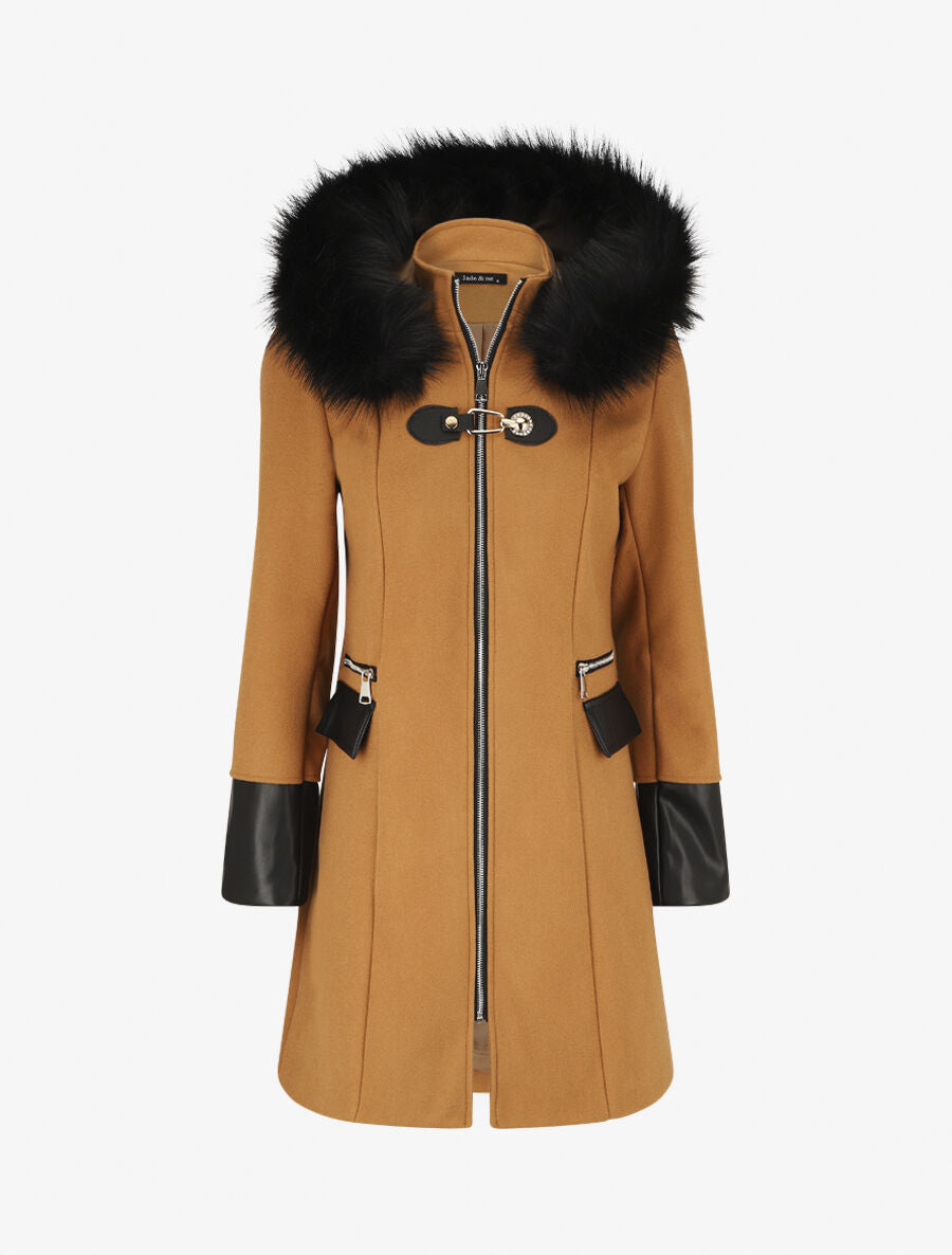 Manteau bi-matière à capuche en fausse fourrure - Camel - 7