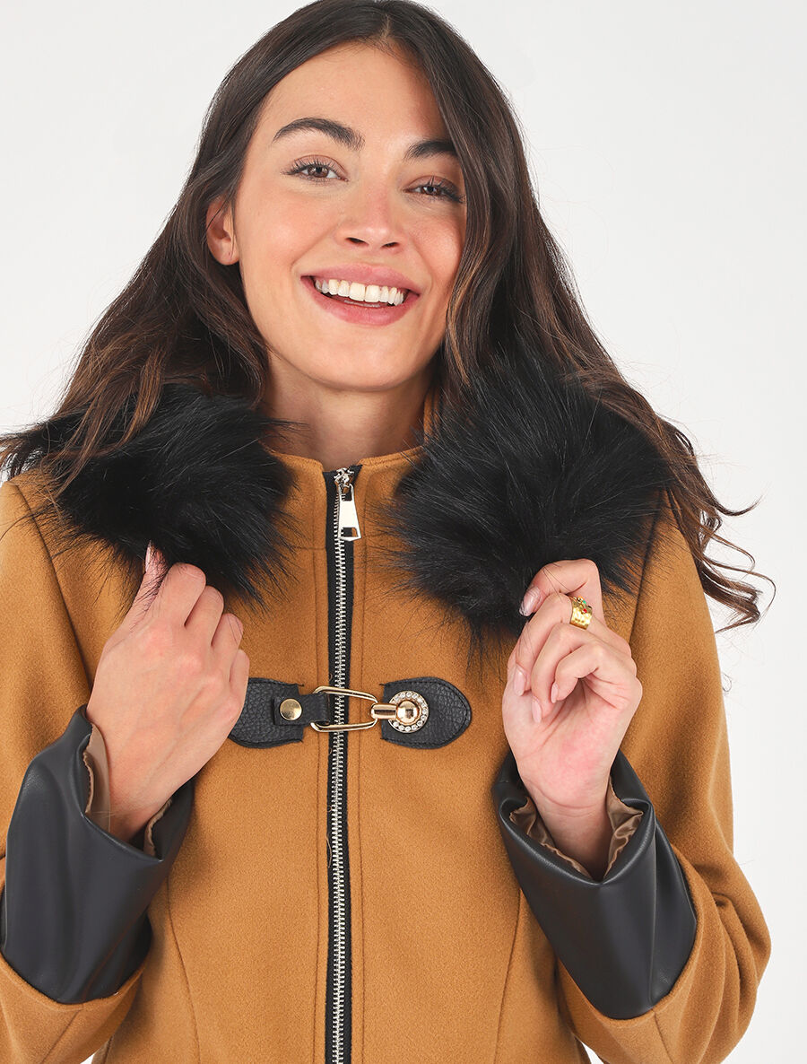 Manteau bi-matière à capuche en fausse fourrure - Camel - 6