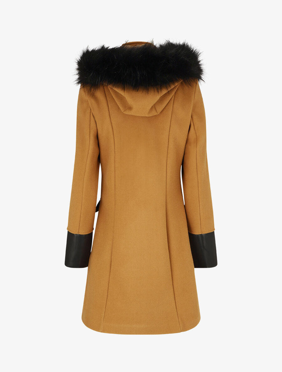Manteau bi-matière à capuche en fausse fourrure - Camel - 2