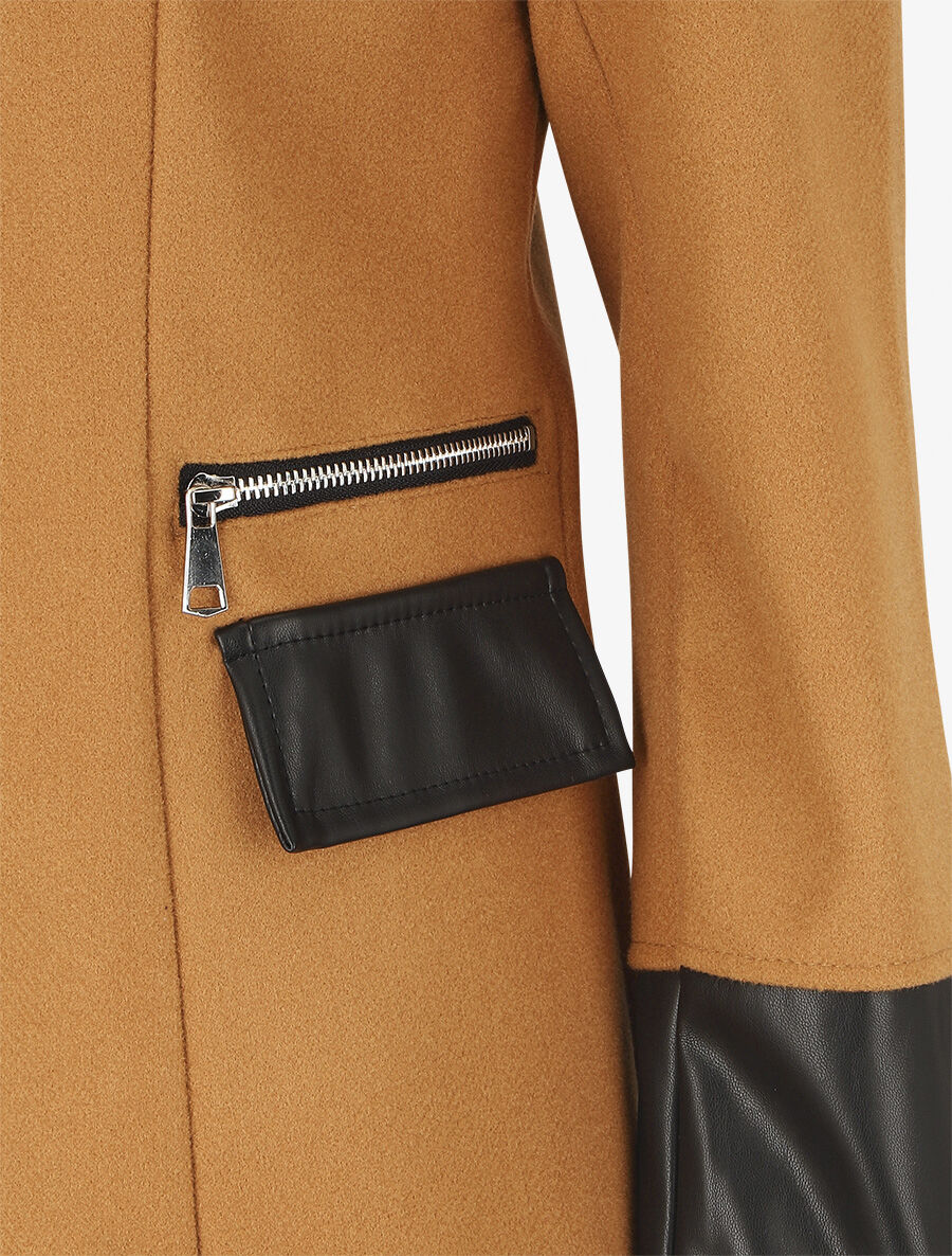 Manteau bi-matière à capuche en fausse fourrure - Camel - 3