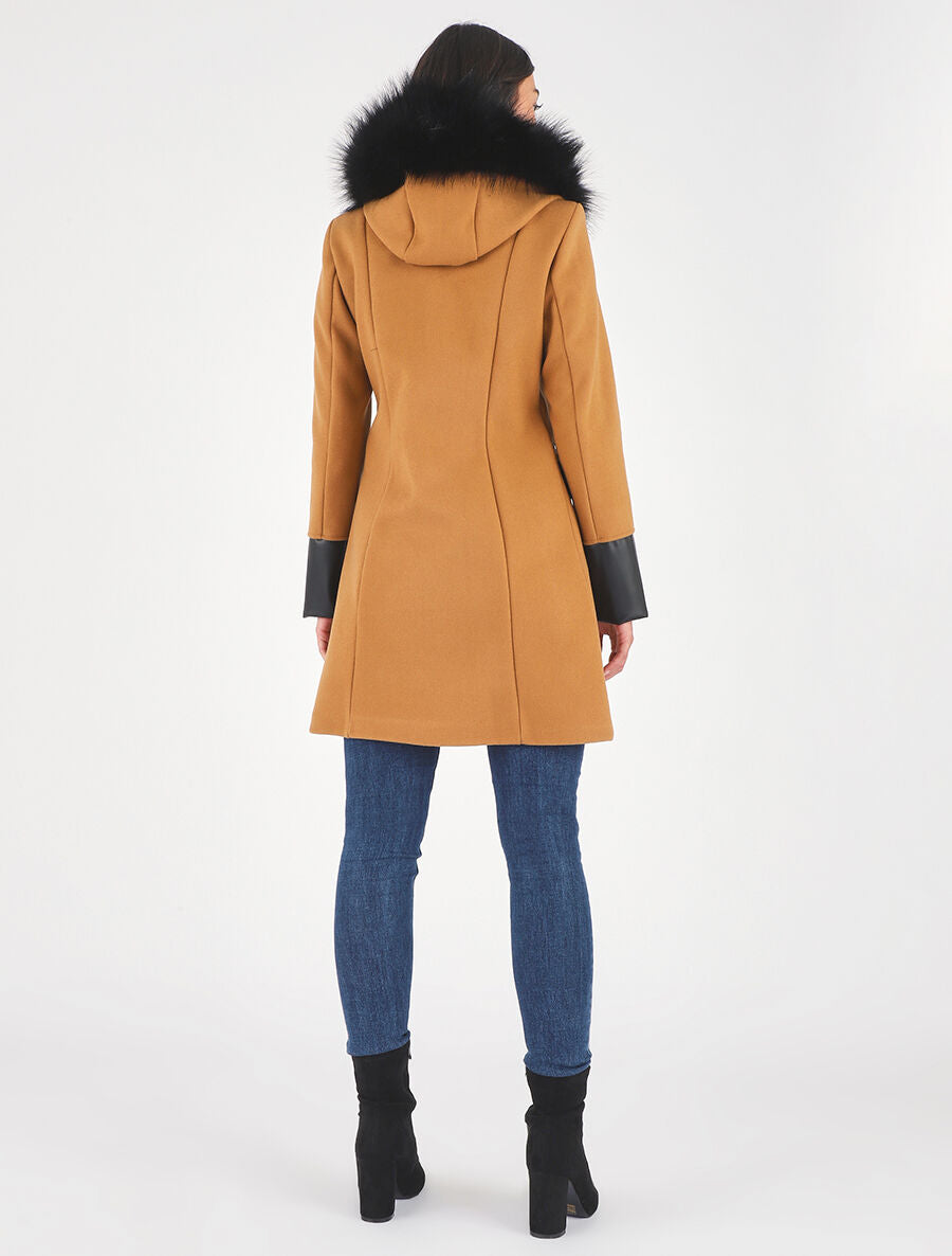 Manteau bi-matière à capuche en fausse fourrure - Camel - 5