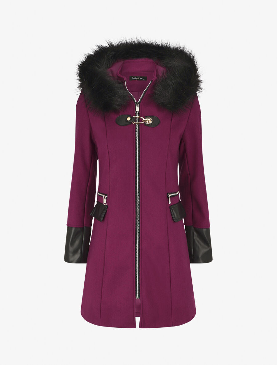 Manteau bi-matière à capuche en fausse fourrure - Violine - 1
