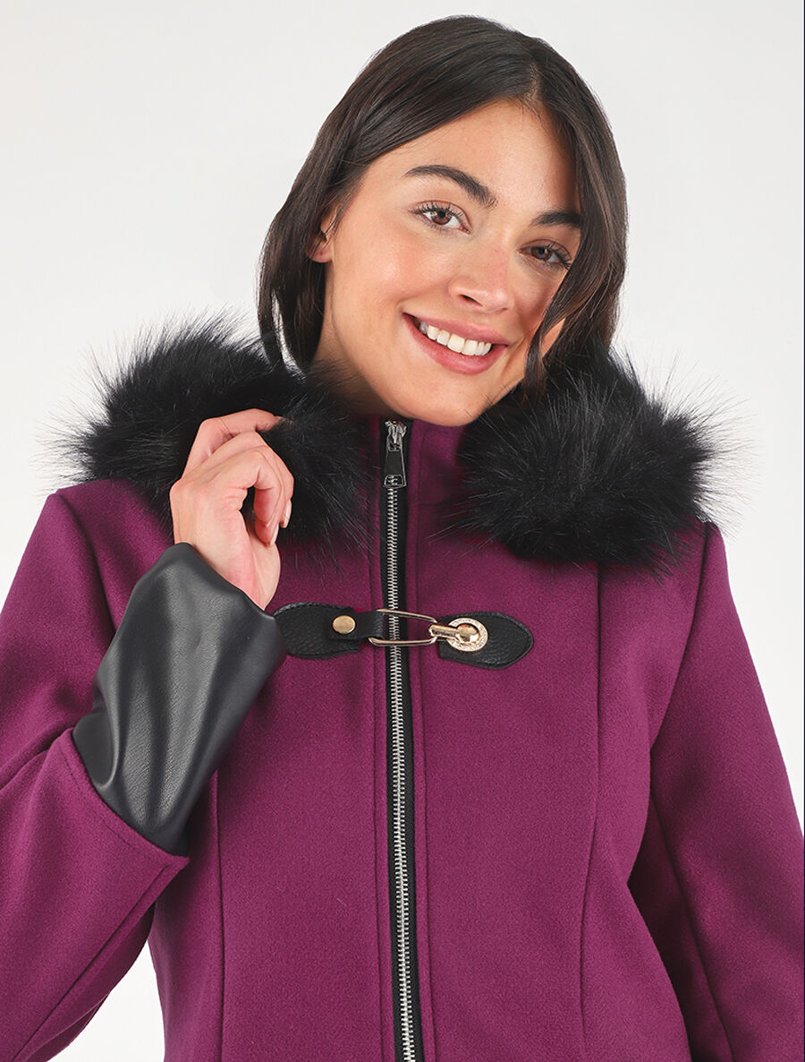Manteau bi-matière à capuche en fausse fourrure - Violine - 6