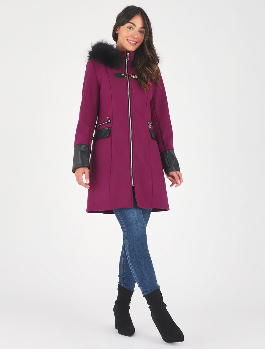 Manteau bi-matière à capuche en fausse fourrure - Violine - 4