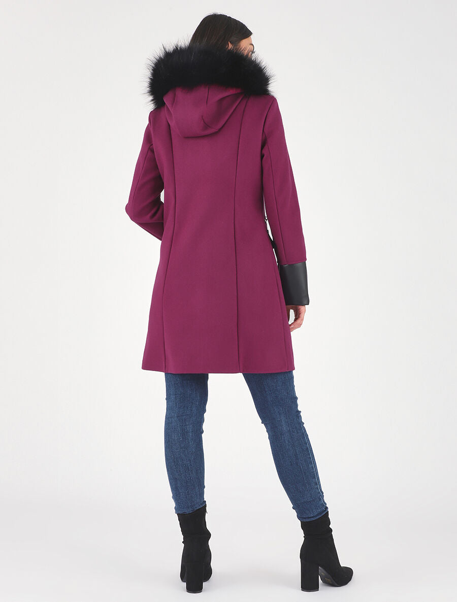 Manteau bi-matière à capuche en fausse fourrure - Violine - 5