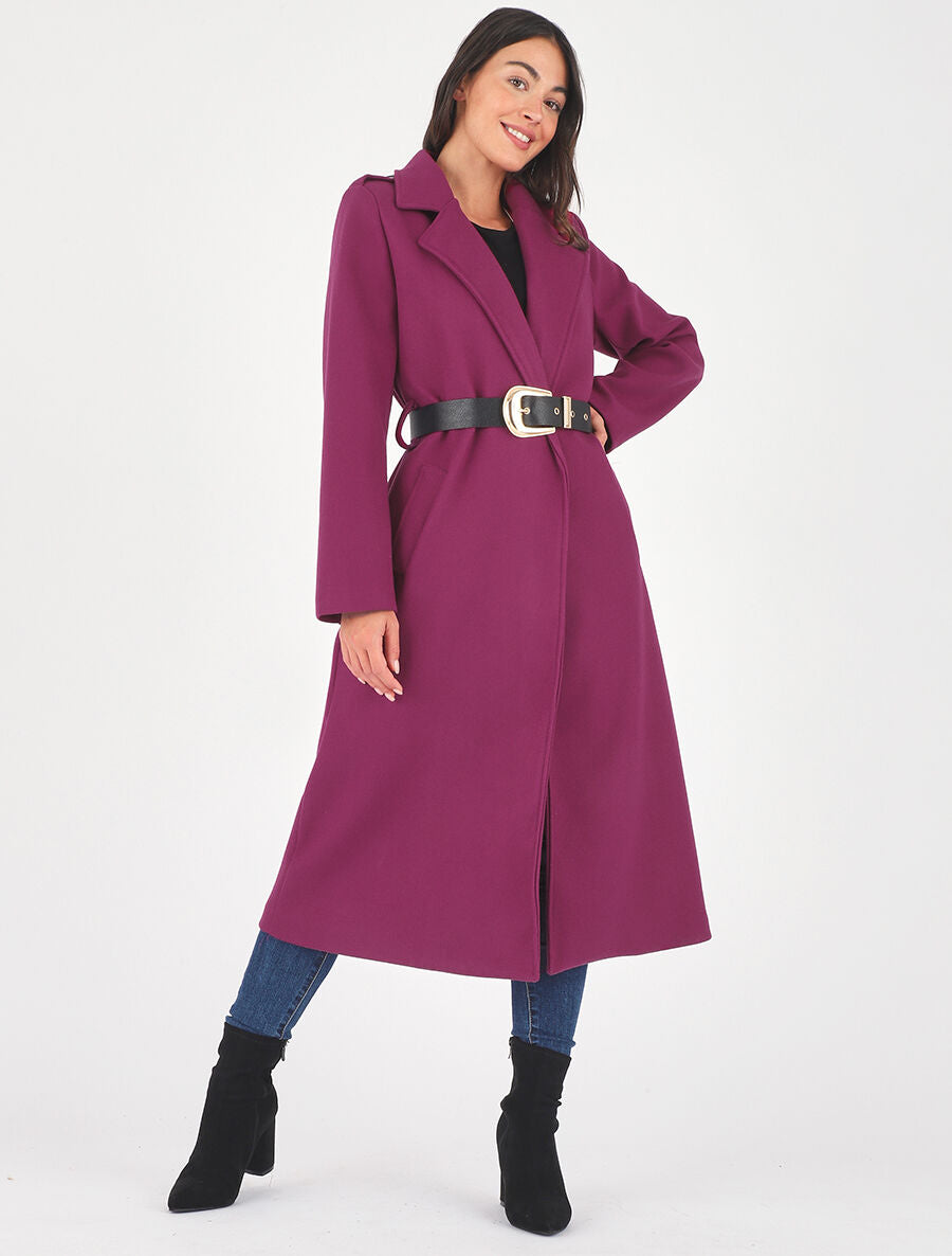 Manteau long droit à ceinture - Violine - 4