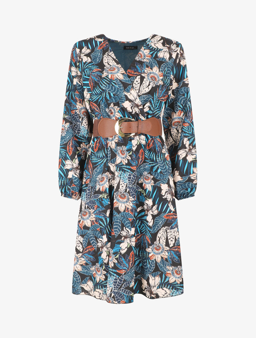 Robe évasée imprimé tropical - Bleu canard - 3