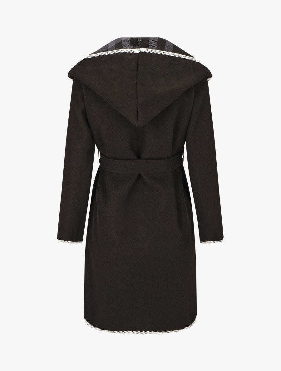 Manteau long à capuche et col à carreaux - Noir - 2