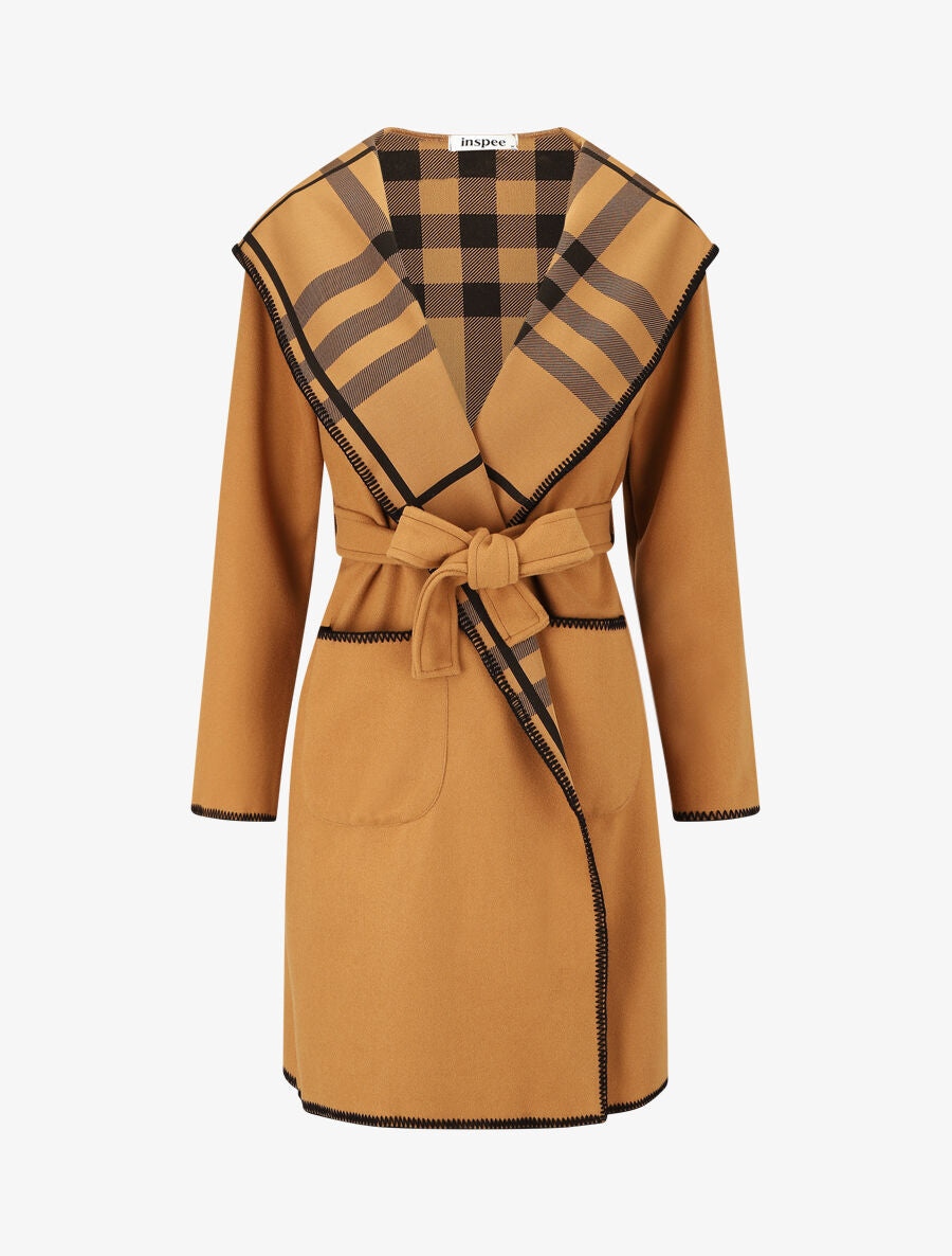 Manteau long à capuche et col à carreaux - Camel - 1