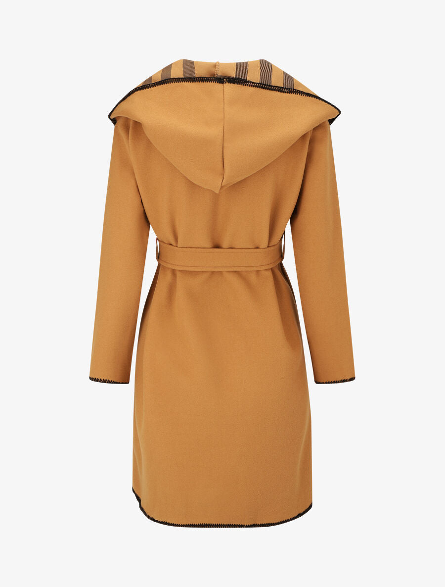 Manteau long à capuche et col à carreaux - Camel - 2