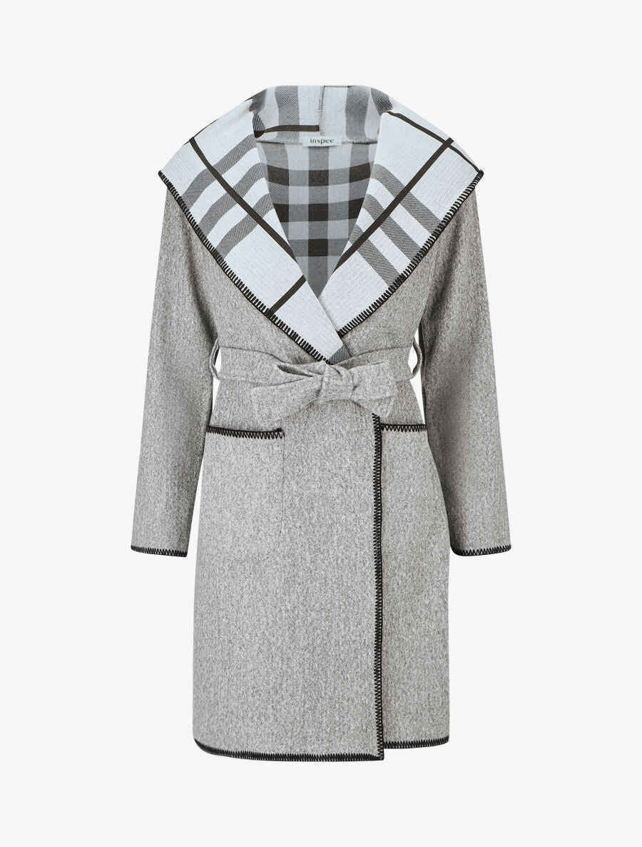 Manteau long à capuche et col à carreaux - Gris - 4