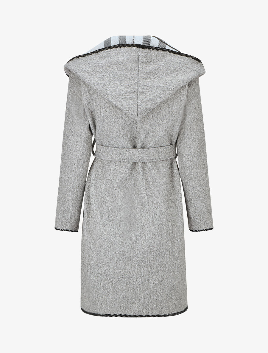 Manteau long à capuche et col à carreaux - Gris - 2