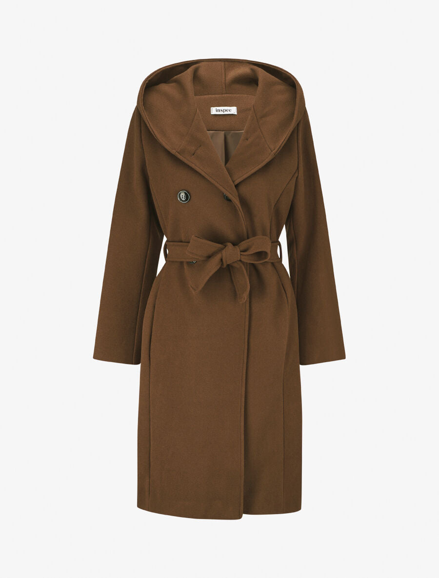 Manteau long ceinturé à capuche - Marron - 1