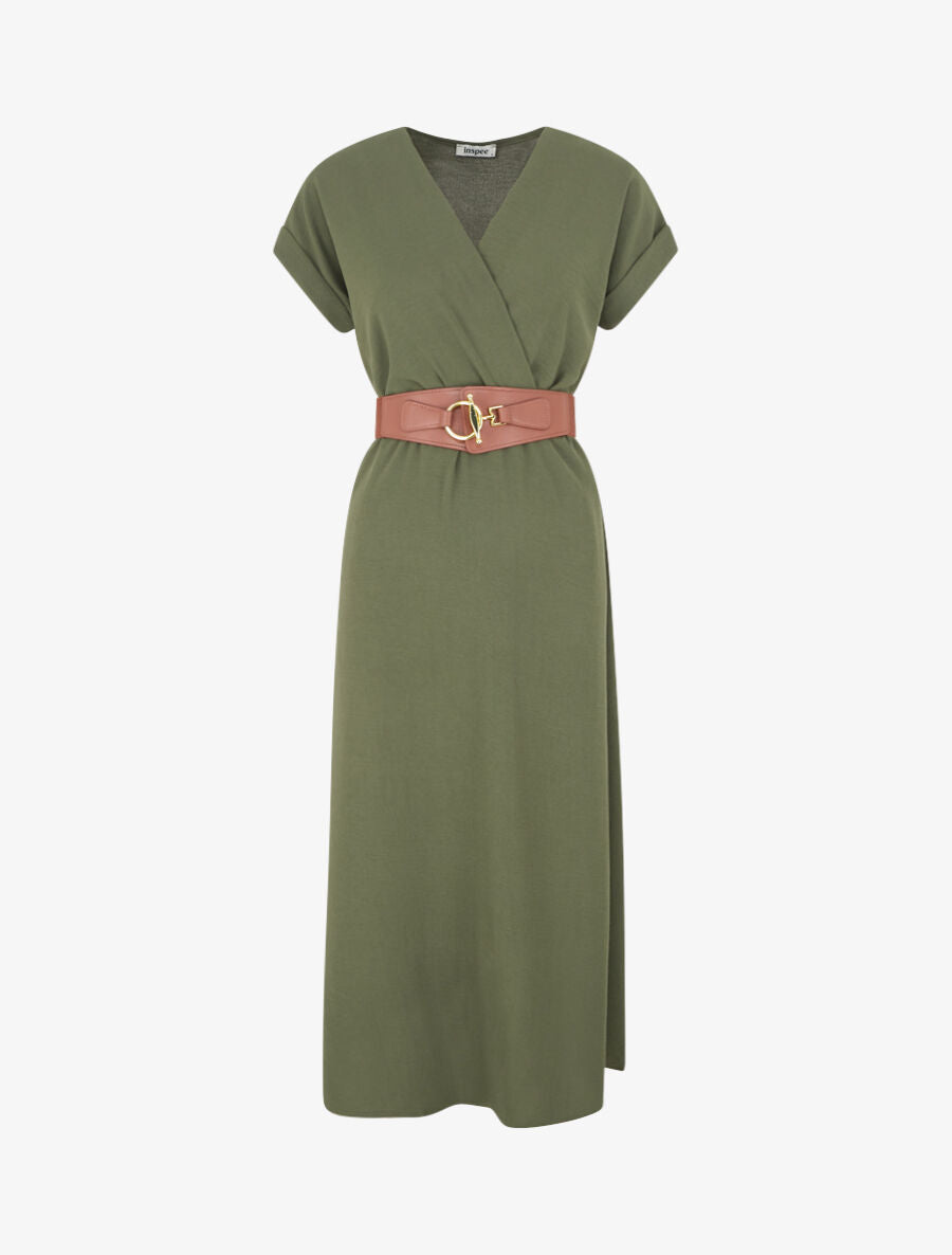 Robe longue unie cache-coeur - Kaki - 1