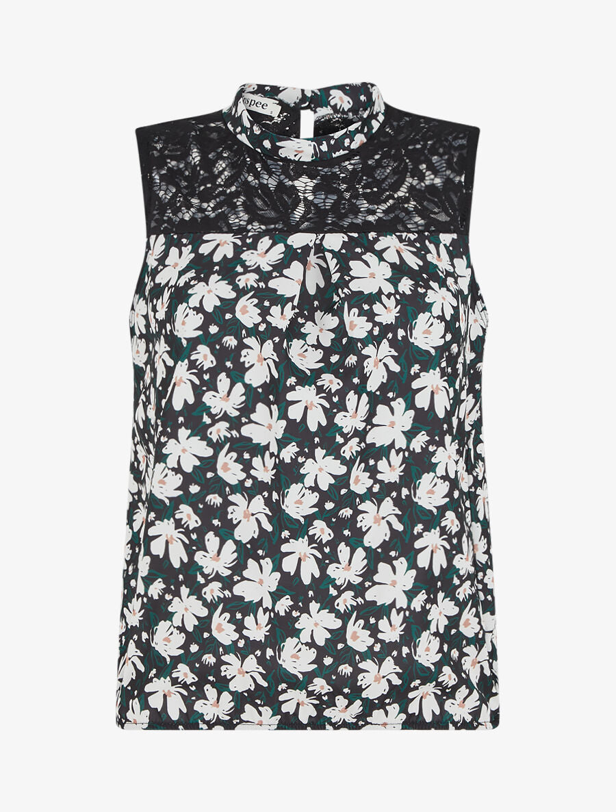 Top imprimé floral à détail dentelle - Noir - 1