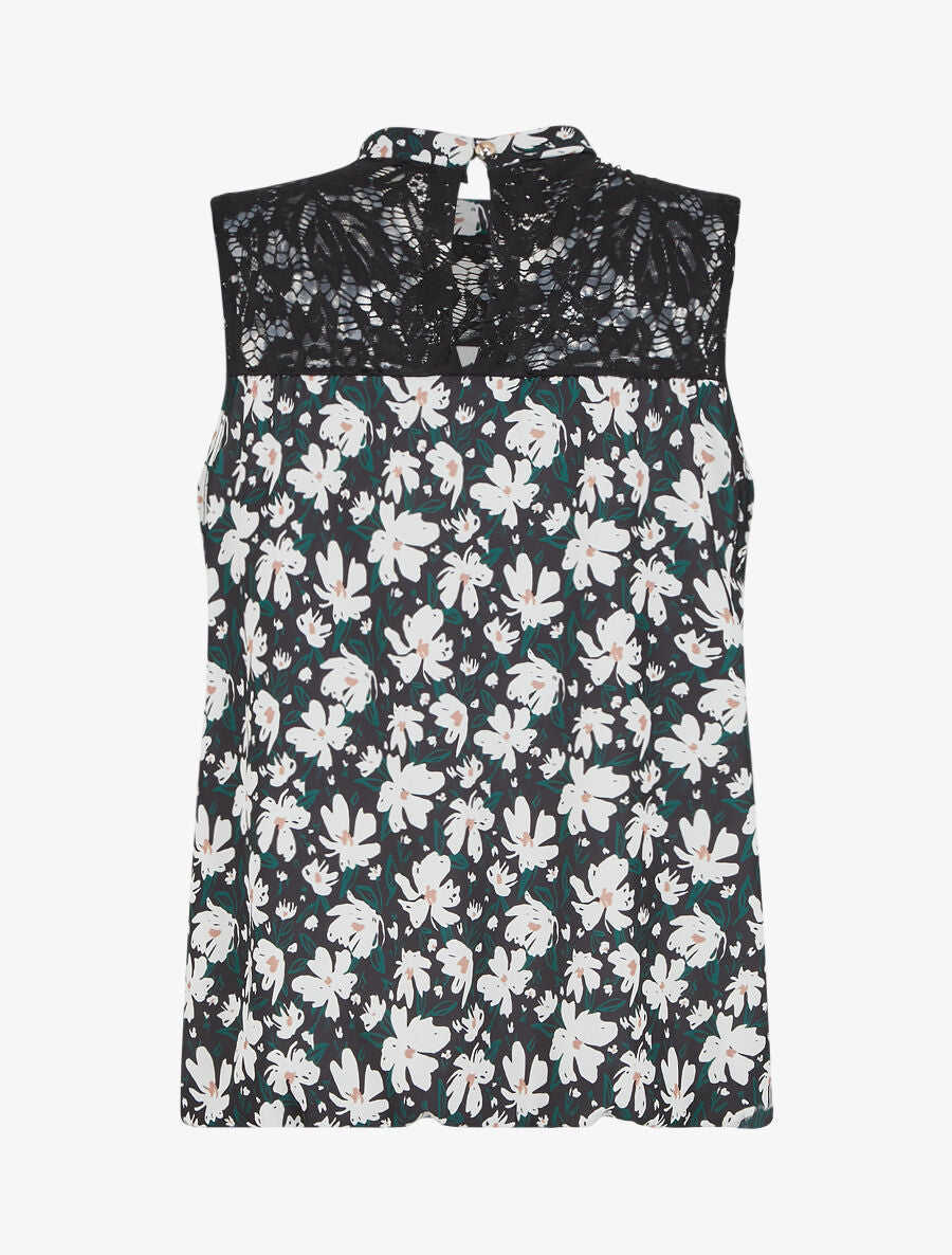 Top imprimé floral à détail dentelle - Noir - 2
