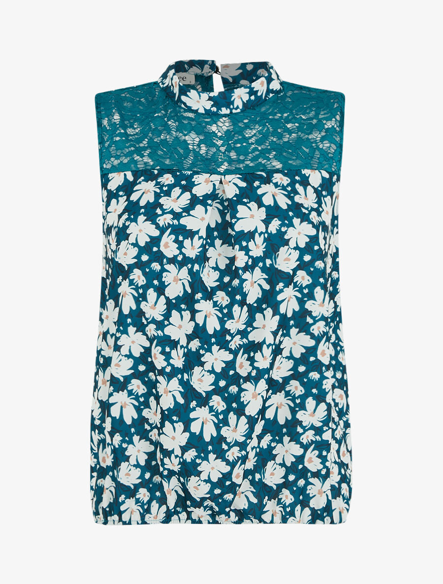 Top imprimé floral à détail dentelle - Bleu canard - 1