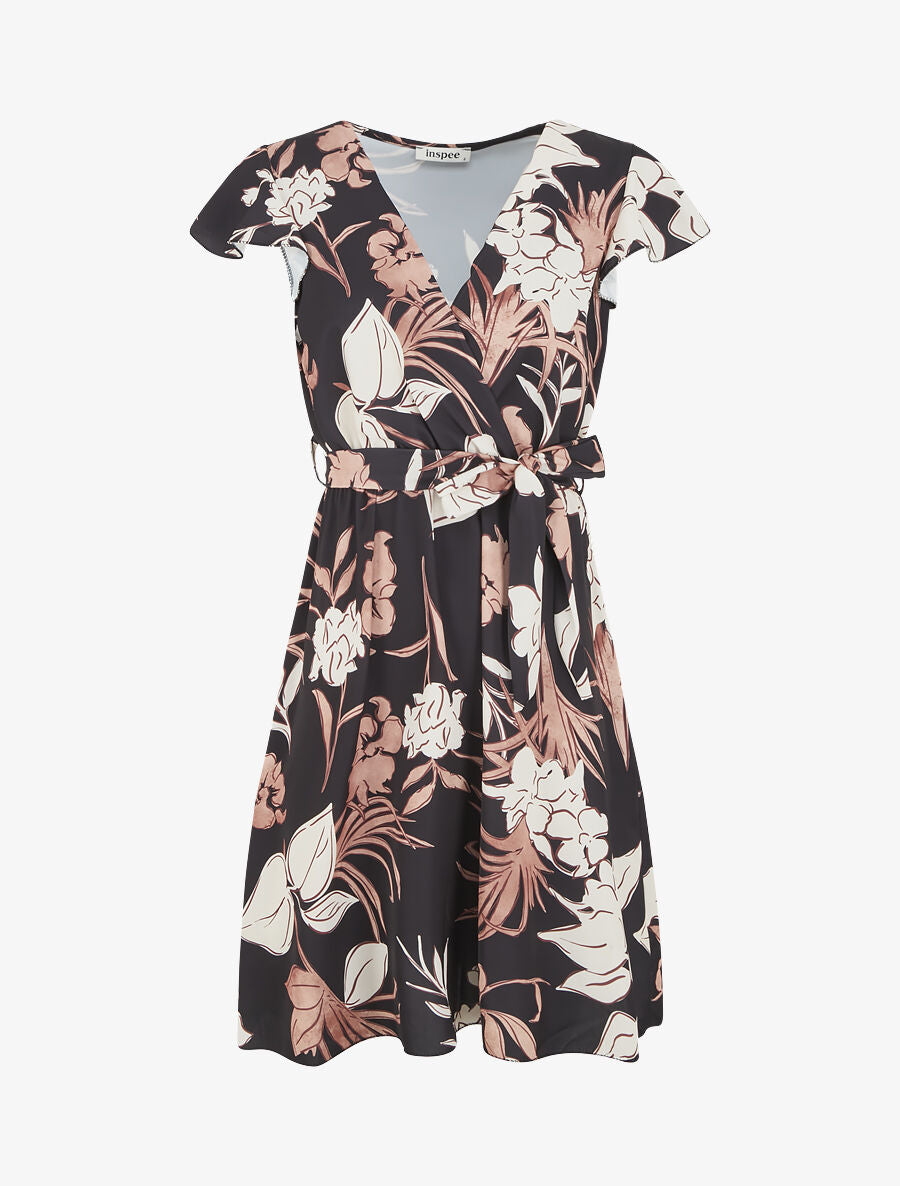 Robe mi-longue évasée imprimé fleuri - Noir - 1