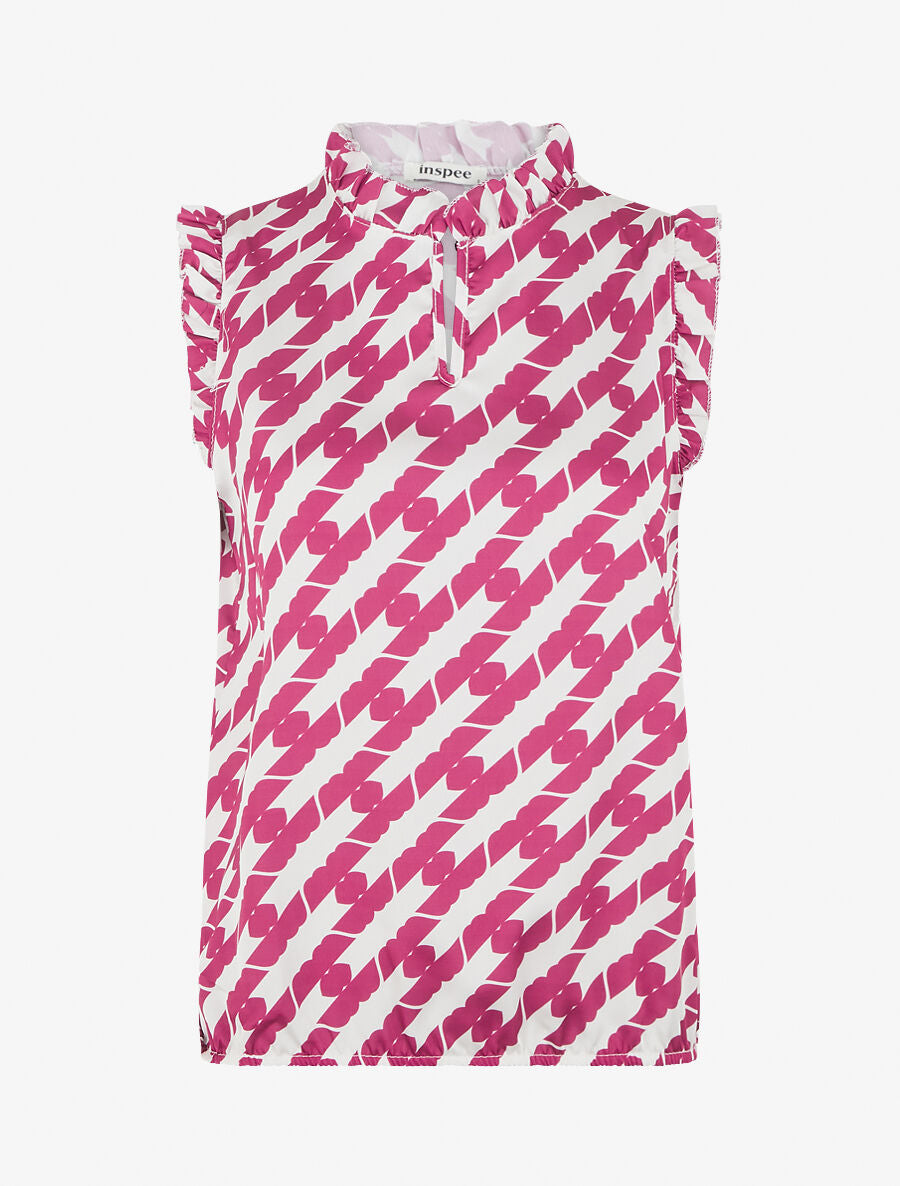 Top satiné sans manches motif fantaisie et volants - Violine - 4