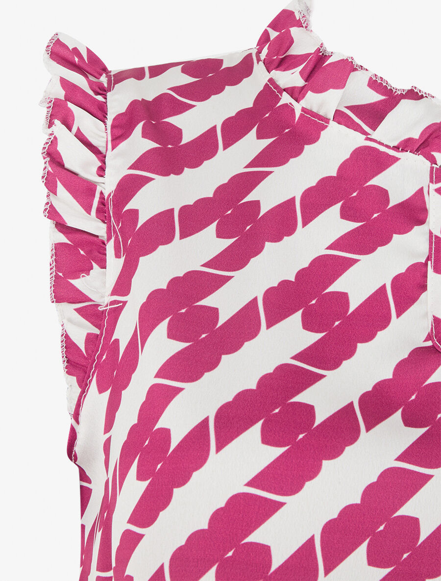 Top satiné sans manches motif fantaisie et volants - Violine - 3