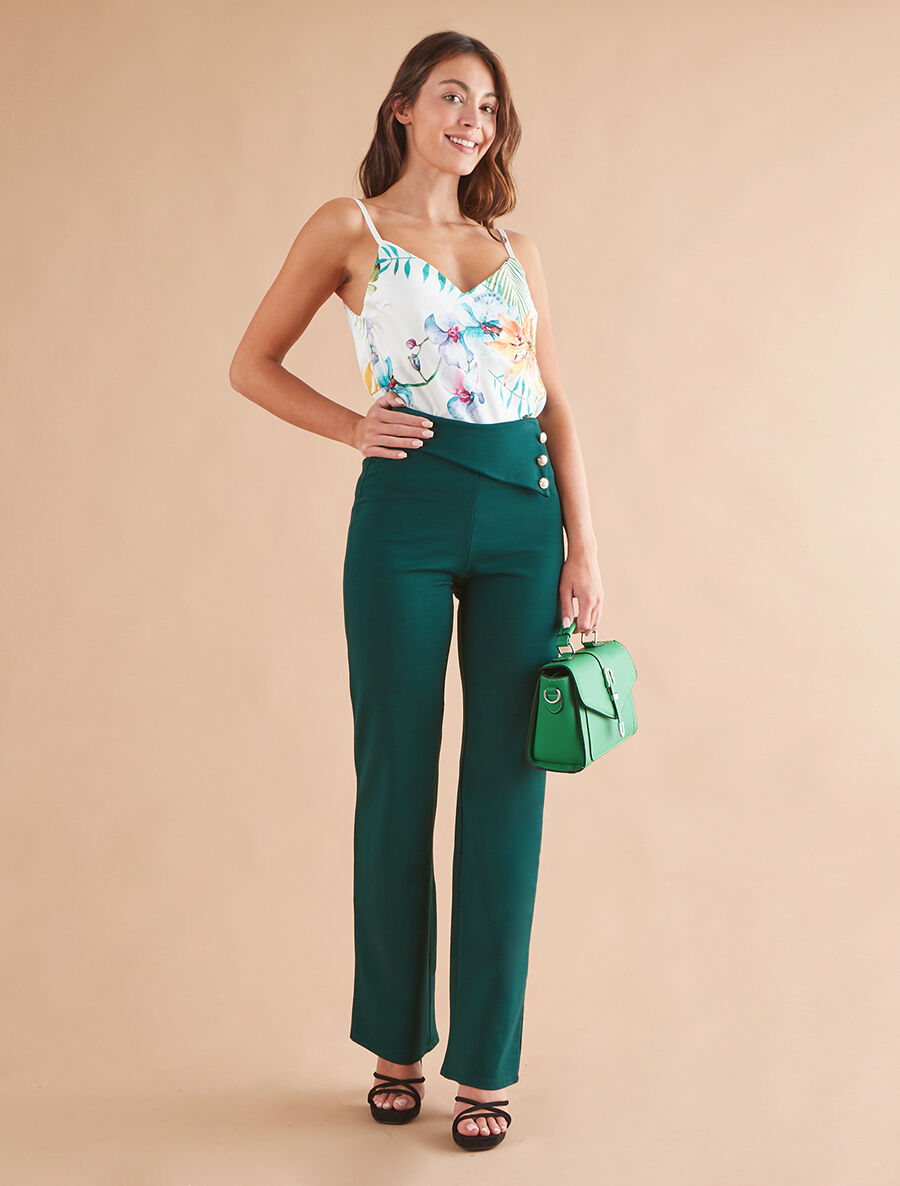 Pantalon uni à boutons décoratifs - Vert sapin - 3