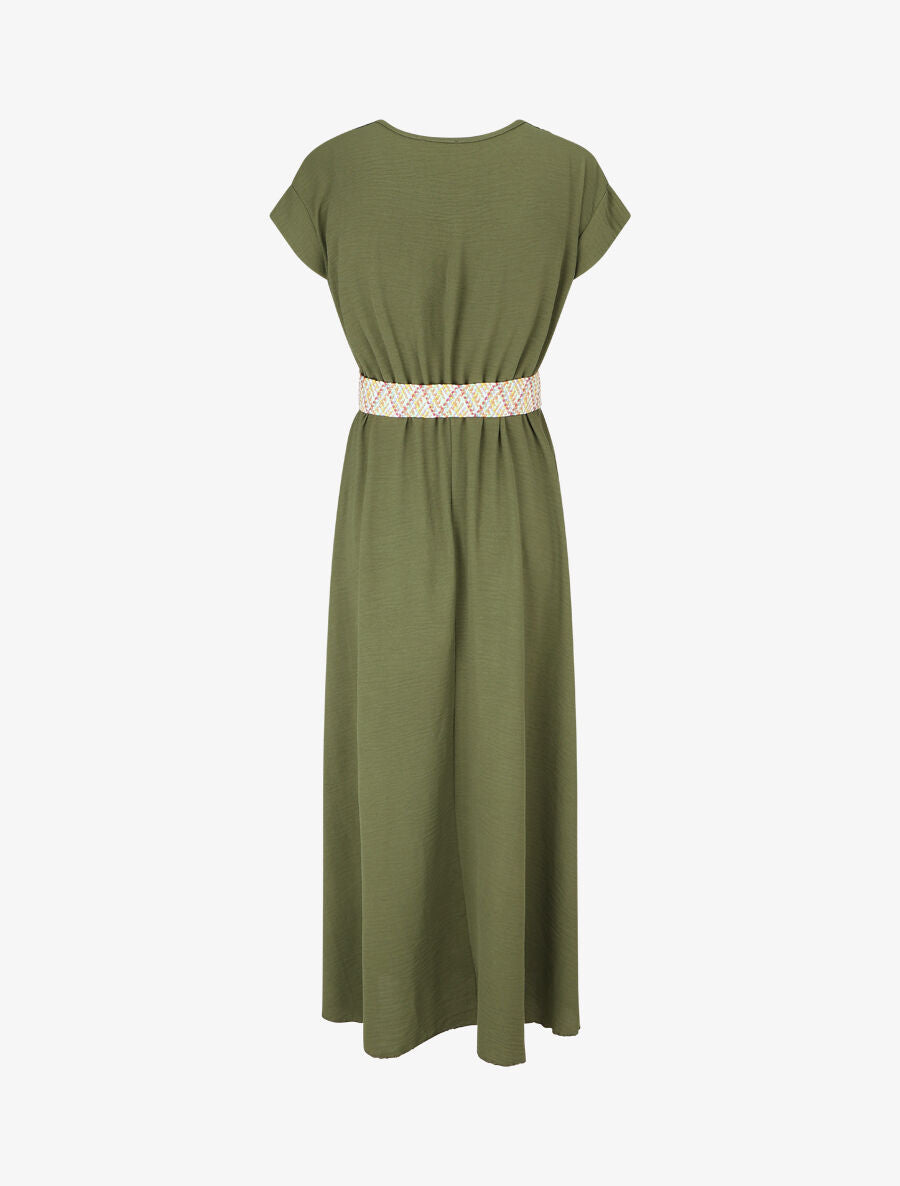 Robe longue unie élastiquée et ceinturée - Kaki - 2