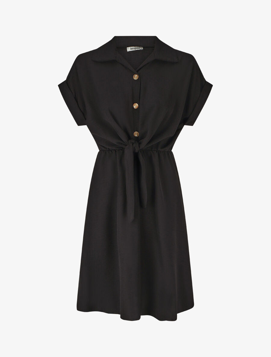 Robe unie à noeud et manches courtes - Noir - 1