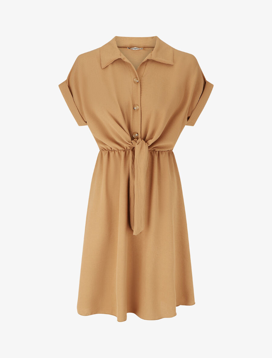 Robe unie à noeud et manches courtes - Camel - 4
