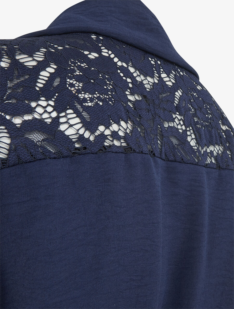 Robe mi-longue unie à empiècement dentelle - Marine - 3